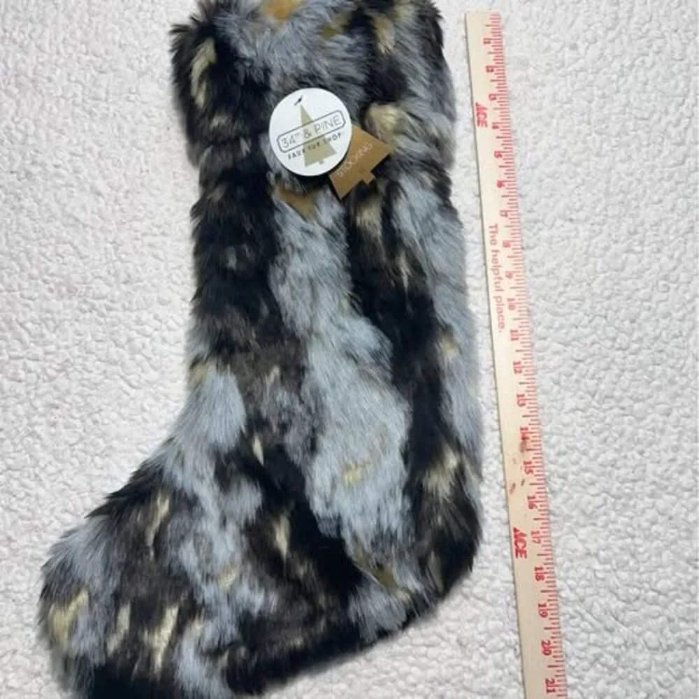 NEW 34th & Pine Faux Fur Christmas Stocking - Luxury Gray & Gold